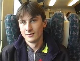Tao, the tour co-leader, on the 1528 train from Bristol Parkway to Newton Abbot